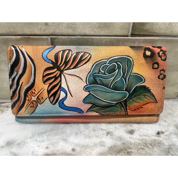 Anuschka Women's Wallet Butterfly Roses Floral Design Trifold Bills Credit Coin - Picture 1 of 15